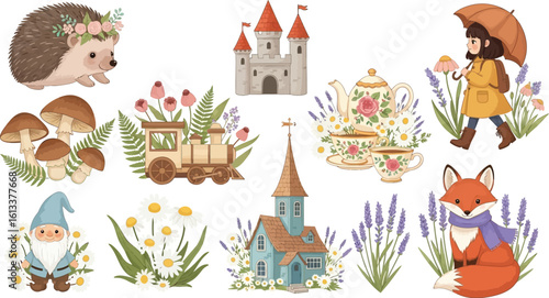 Watercolor woodland animals and fairytale elements illustration set for kids and nursery decor