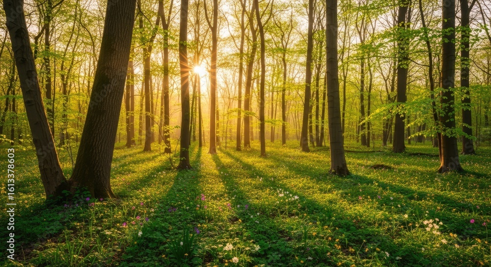 Sunbeams pierce through a vibrant green forest canopy, illuminating a carpet of wildflowers and casting long shadows on the forest floor. Sunbeams pierce through a vibrant green forest canopy, illuminating a carpet of wildflowers and casting long shadows on the forest floor.