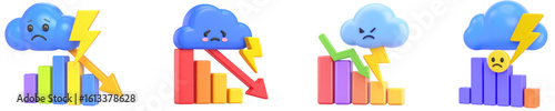 Sad cloud lightning bar chart downward arrow financial crisis economic loss negative trend 3D illustration colorful emotional