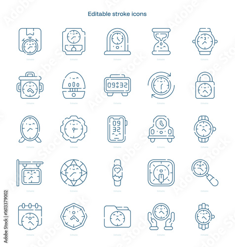 Watch and Clock stroke icon. Watch and Clock line icon set. editable stroke icon pack
