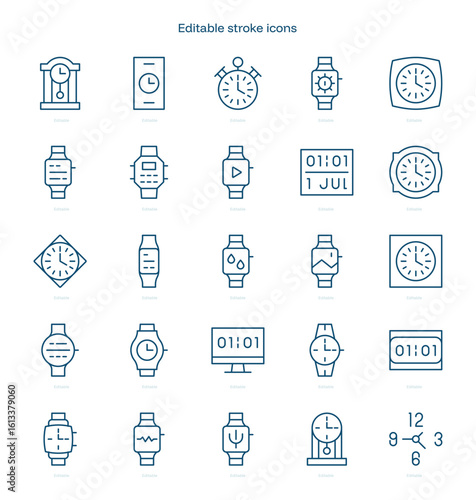 Watch and Clock stroke icon. Watch and Clock line icon set. editable stroke icon pack