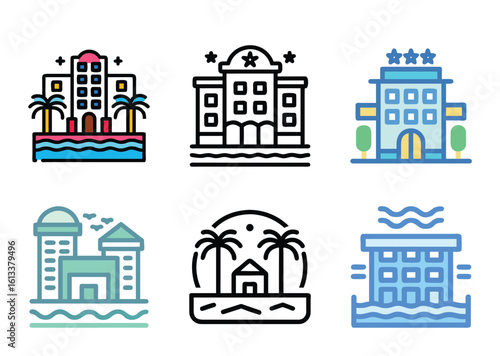 Collection of different colorful tropical beach hotel and resort icons in vector format