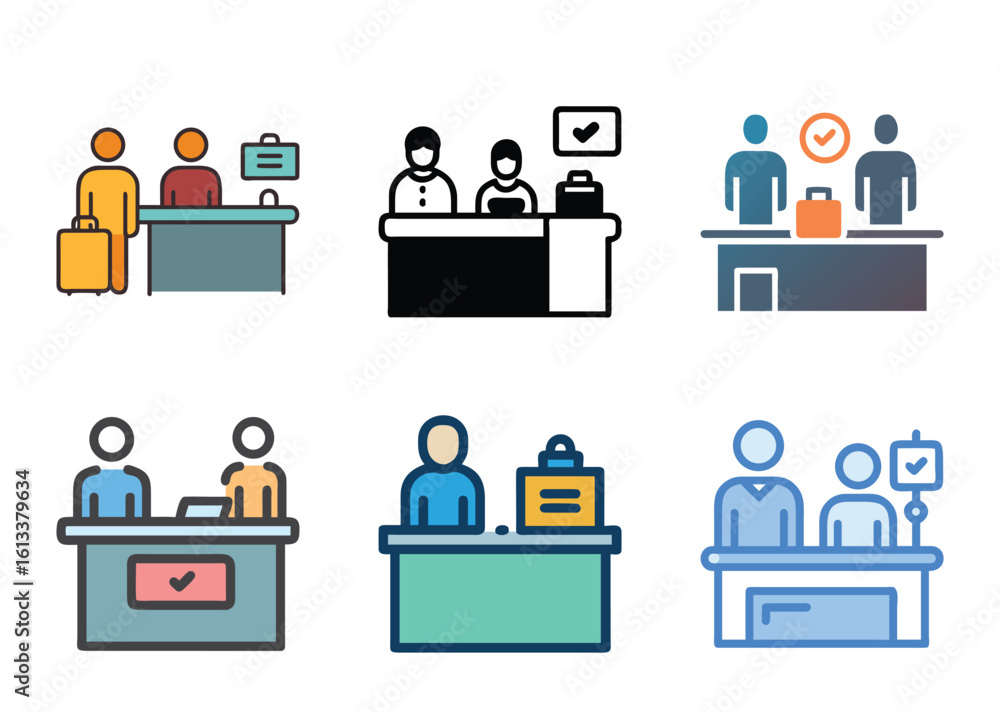 Obraz premium Set of airport check in counter, customer service desk vector icons
