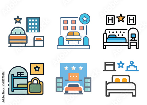 Hotel room icon set showcasing various lodging amenities and accommodation options