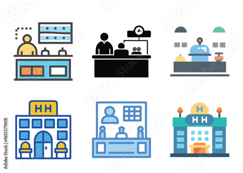 Illustrations depicting various reception desks and hotel buildings in a colorful style