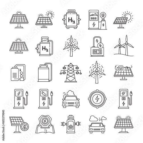 Renewable energy and low emission sustainable power system line icon set including solar