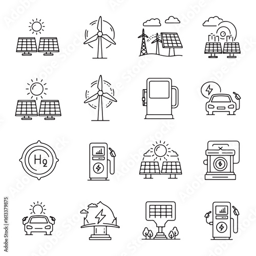 Renewable energy and low emission sustainable power system line icon set including solar