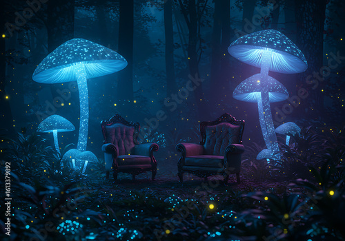 A quiet meeting place in an enchanted forest with two vintage armchairs beneath giant glowing blue and purple mushrooms.
