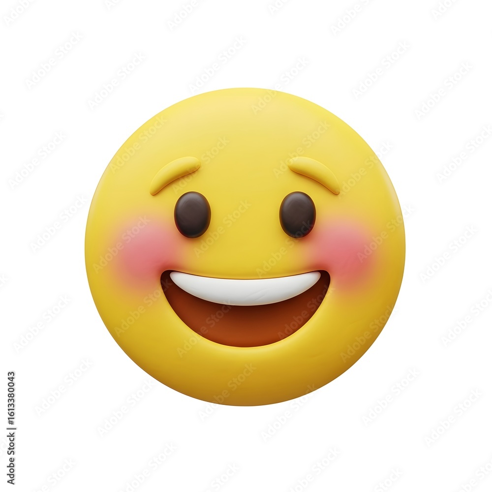 Fototapeta premium A 3D rendering of a smiling face emoji with blushing cheeks, a wide grin, and raised eyebrows.