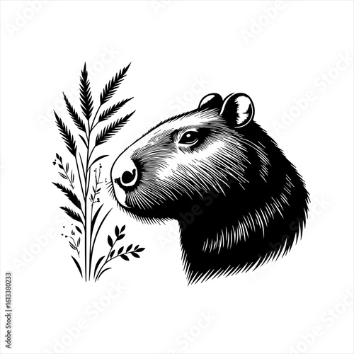 Capybara head with wheat stalk