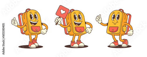 Backpack mascot characters expressing joy, energy, and affection through confident stances, cheerful gestures. Ideal for educational content, kids products, or branding. Creative vector illustration