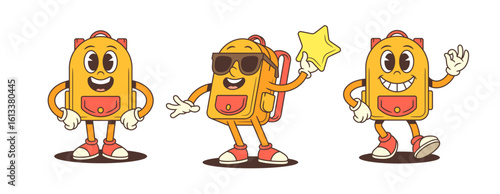 Playful cartoon backpack mascots showing confident poses with sunglasses, peace sign, and star. Perfect for educational materials, kids branding, and fun school projects. Colorful vector illustration