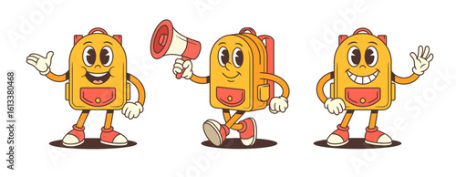 Energetic cartoon school backpack mascots featuring expressive face, lively gestures, and accessories like megaphones. Perfect for educational projects, kids branding and playful promotional materials