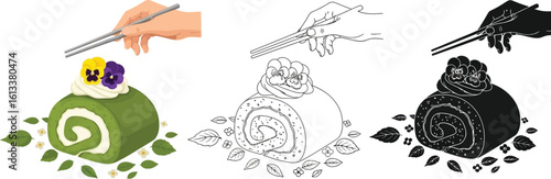Matcha swiss roll cake dessert with chopsticks and flowers food photography and illustration