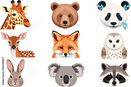 Animal faces illustration set vector graphic design with giraffe bear panda and more animals