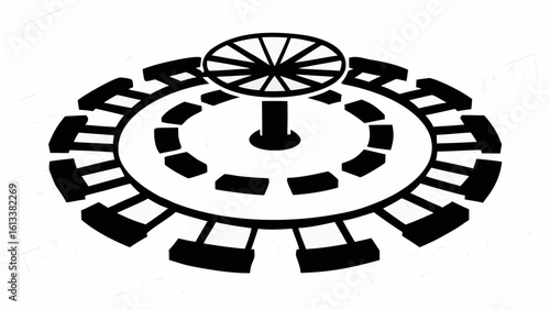 Illustration of a complex gear system with a central rotating wheel and outer segmented ring design silhouette
