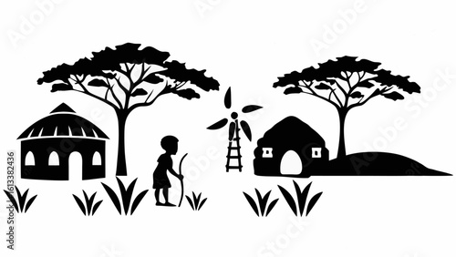 Silhouette of african village scene with huts trees child and windmill in black and white landscape art