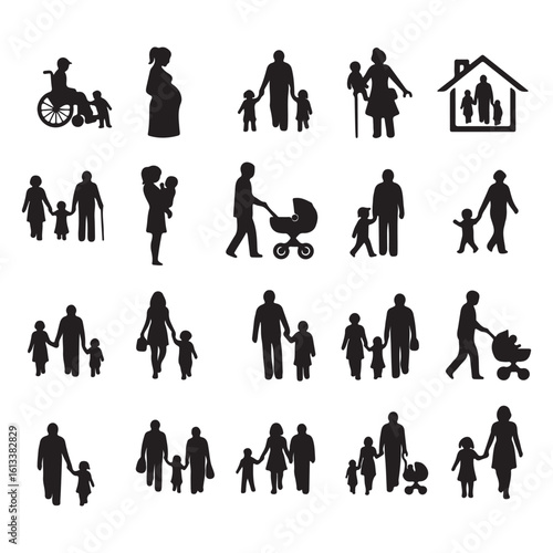 Family Silhouettes Collection with Children, Parents, and Caregivers