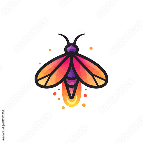 Colorful stylized illustration of a firefly with glowing abdomen and geometric wing pattern on a white background.