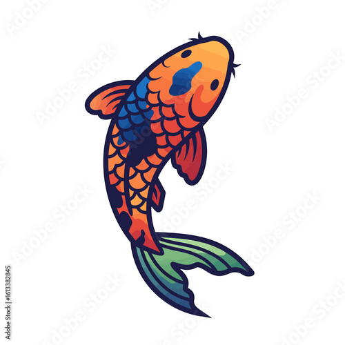 An illustration of a colorful Koi fish, with orange, blue, and green scales, swimming upwards on a white background.