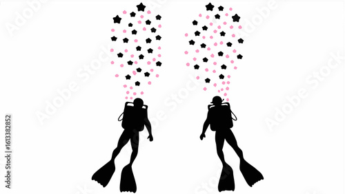 Two scuba divers swimming upwards with bubbles and star shapes in black and light pink colors above them silhouette