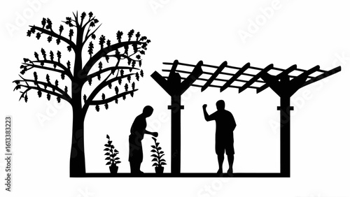Silhouette of a man watering plants under a tree and another man standing under a pergola structure