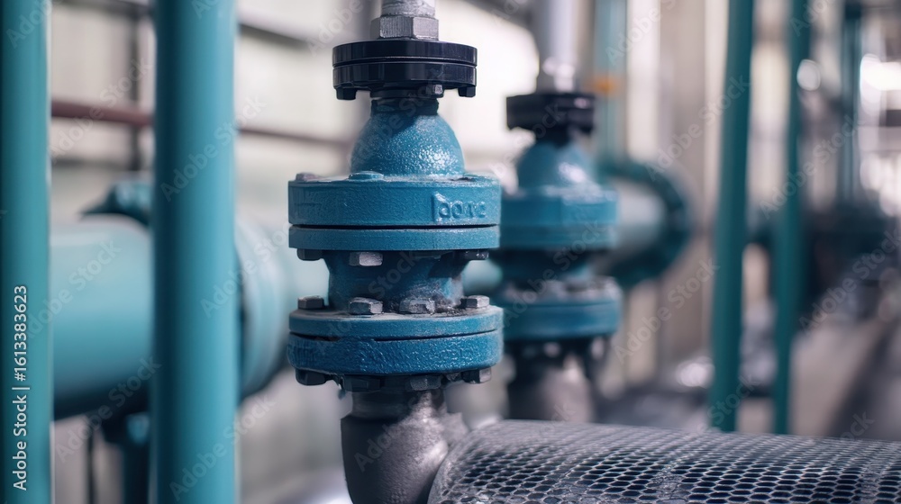 Obraz premium Close-Up of Industrial Water Valve and Pipe System in Factory Setting