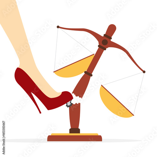 Woman leg breaking scales of justice. Fight to change the legislation as a legal scale of equality. Unfair laws. Corruption, dishonesty and inequality.