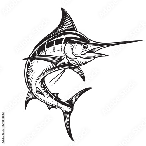 Black and white marlin fish illustration with detailed fins and sharp bill ocean fishing