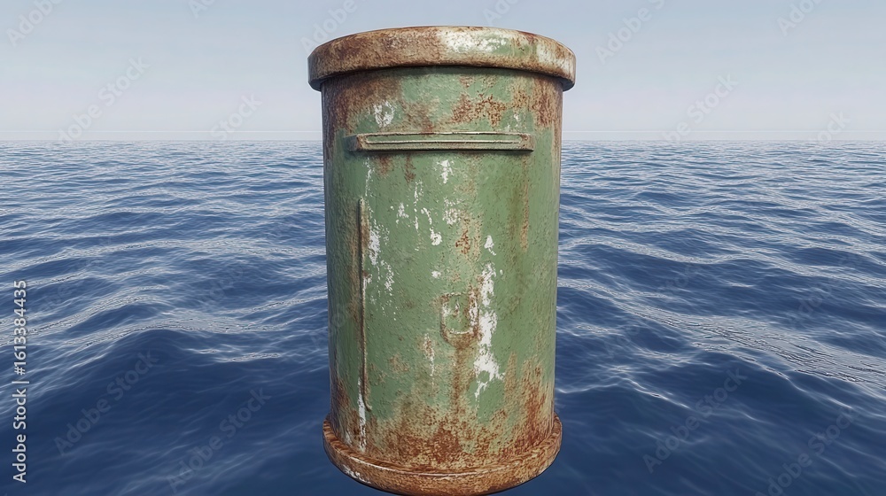 Naklejka premium Rusty Green Trash Bin Floating Above Calm Blue Ocean Waves