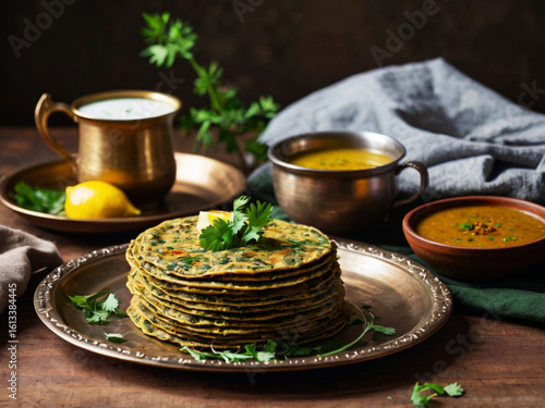 A delicious Indian breakfast spread featuring freshly made methi thepla stacked on a brass plate, served with a side of yogurt garnished with herbs, a steaming cup of chai in an earthen-style mug.