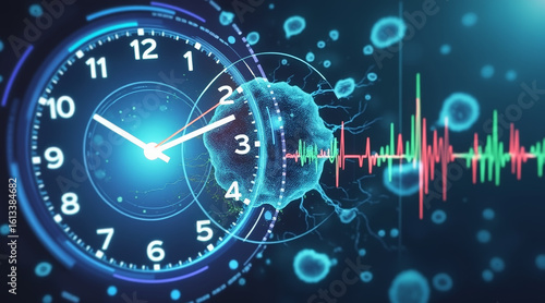 Depicts clock synchronized with microbiome, illustrating connection between time and biological rhythms. visual elements