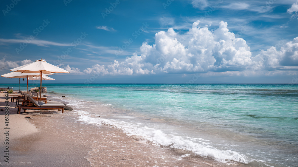 Obraz premium Beach chairs and umbrellas on a beautiful tropical beach day