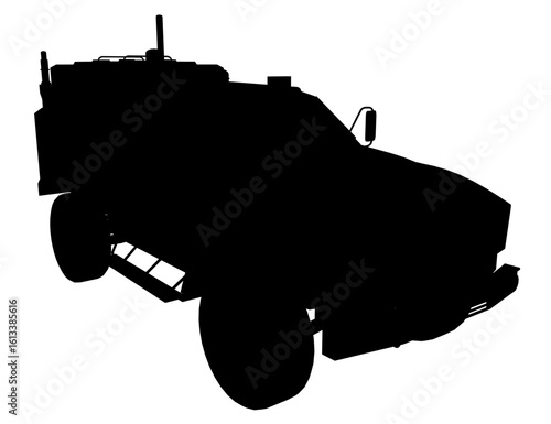 An armored police vehicle silhouette features precise and technical details on a solid white background. The design highlights reinforced structure and tactical components for law.