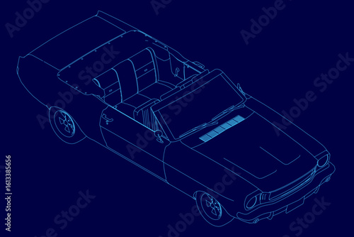 Car blueprint on a blue background highlights the car's sleek contours and convertible design. Detailed lines showcase the iconic curves and aerodynamic shape. Isometric view