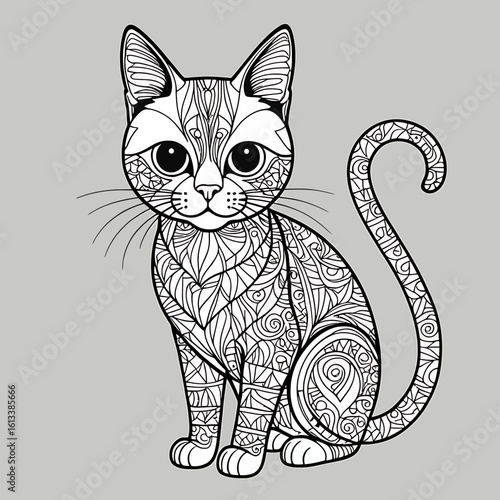 Intricate Cat Mandala: A detailed and elegant monochrome illustration of a cat in a seated position, rendered in a mandala style.