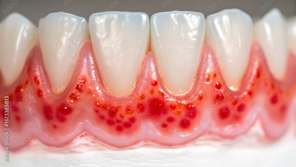Fototapeta premium Oral microbiome concept ,Healthy gums with visible microbial activity, showcasing periodontitis effects on dental health