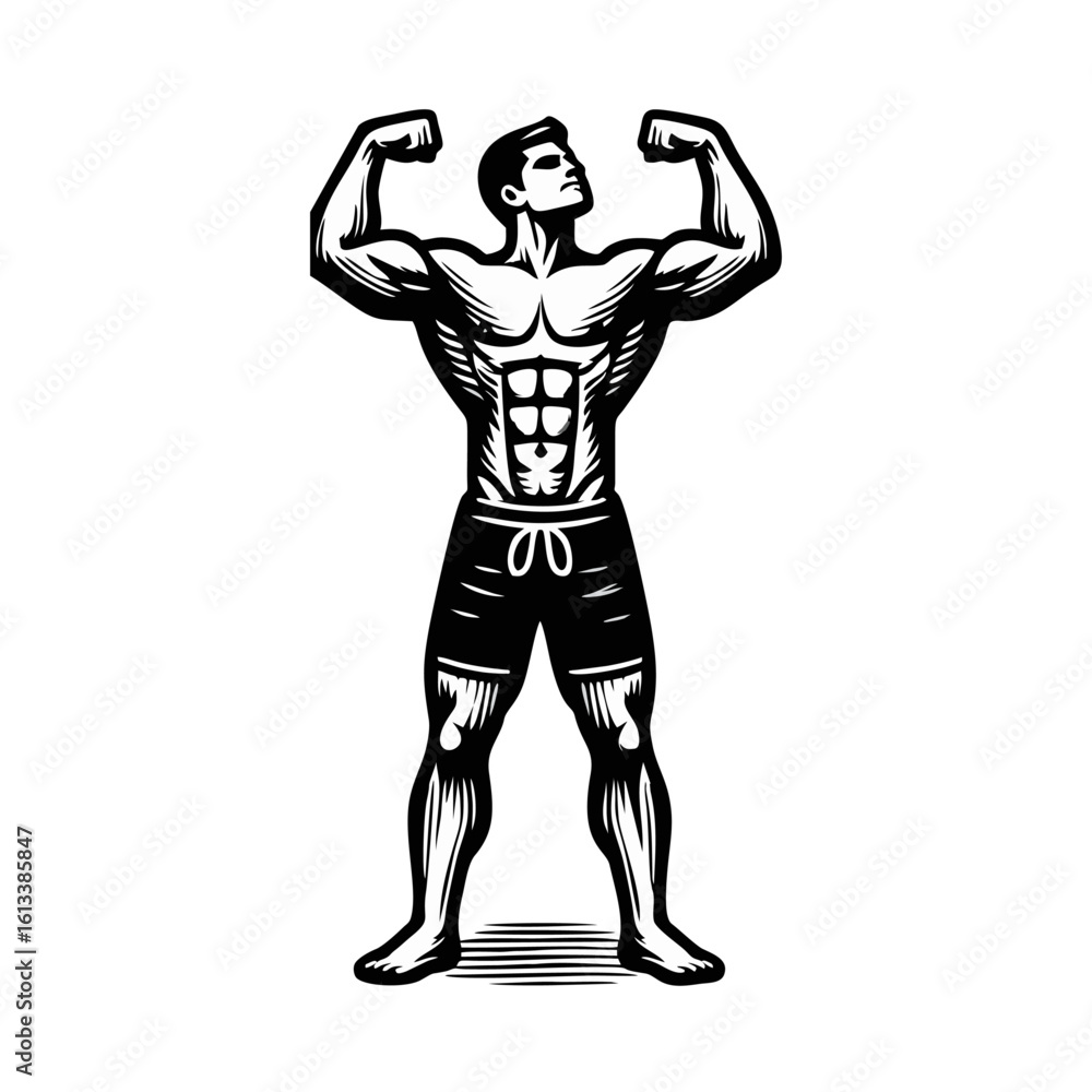 Fototapeta premium Men flexing muscle hand draw engrave icon design black white