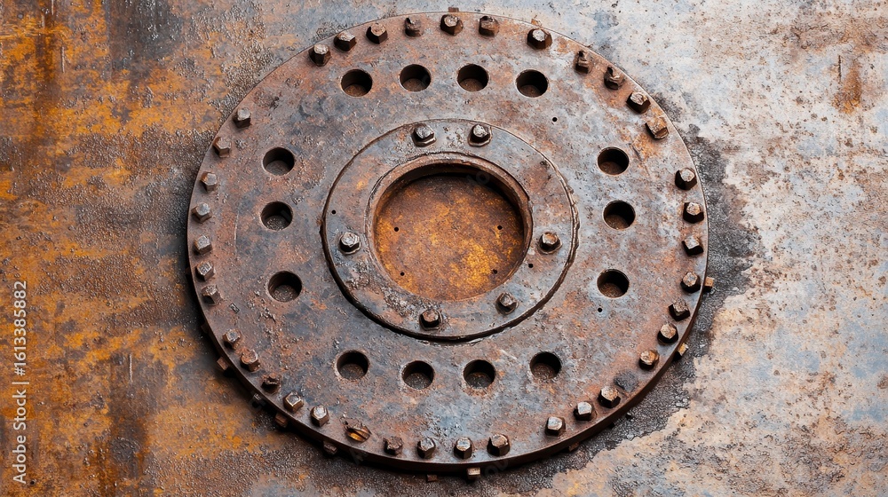 Rusty Industrial Metal Plate with Bolt Holes on Textured Surface Rusty Industrial Metal Plate with Bolt Holes on Textured Surface