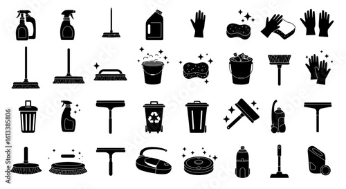 Collection of black and white cleaning supplies icons, various types of cleaning tools.