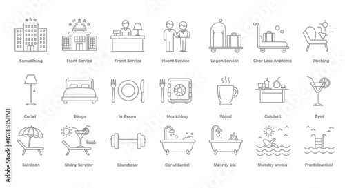Hotel amenities and services line icons;  reception, luggage, room, dining, relaxation.