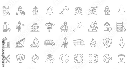 A collection of line art icons representing firefighting equipment, personnel, and emergency response symbols, including fire trucks, hydrants, axes, and safety gear.