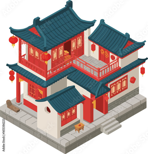 Traditional chinese style house architectural illustration in vibrant colors