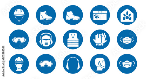 A collection of safety signs in blue circles, including hard hats, boots, safety glasses, ear protection, vests, gloves, and face masks.