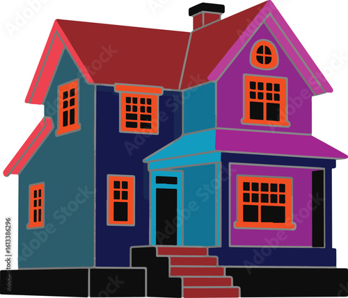 Vibrant colorful house illustration with blue sky and green grass