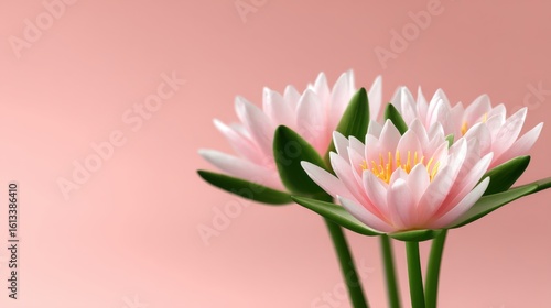 Beautiful pink water lilies bloom gracefully on a gentle pastel background. The delicate petals shine softly in the light. Perfect for nature lovers and wellness themes. AI