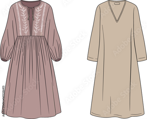 Boho embroidered dress and minimalist V-neck dress front view flat fashion sketch, modest outfit illustration, CAD drawing flat vector illustration