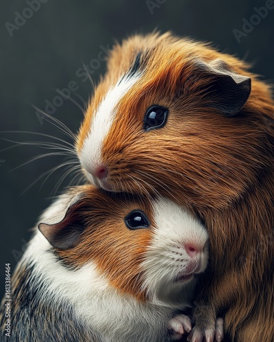 Two adorable guinea pigs snuggling together, showcasing their fluffy fur and bright eyes in a cozy setting.