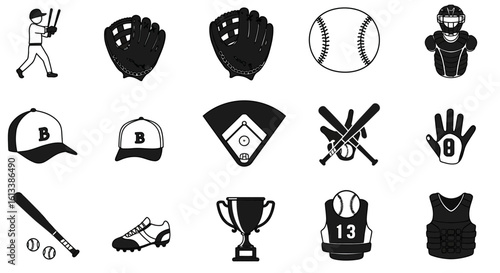 A collection of black and white icons illustrating baseball equipment, player gear, and symbols of the sport.