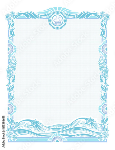 a beautiful blue sea frame with a protective wave background for a certificate or diploma of a regatta, etc.